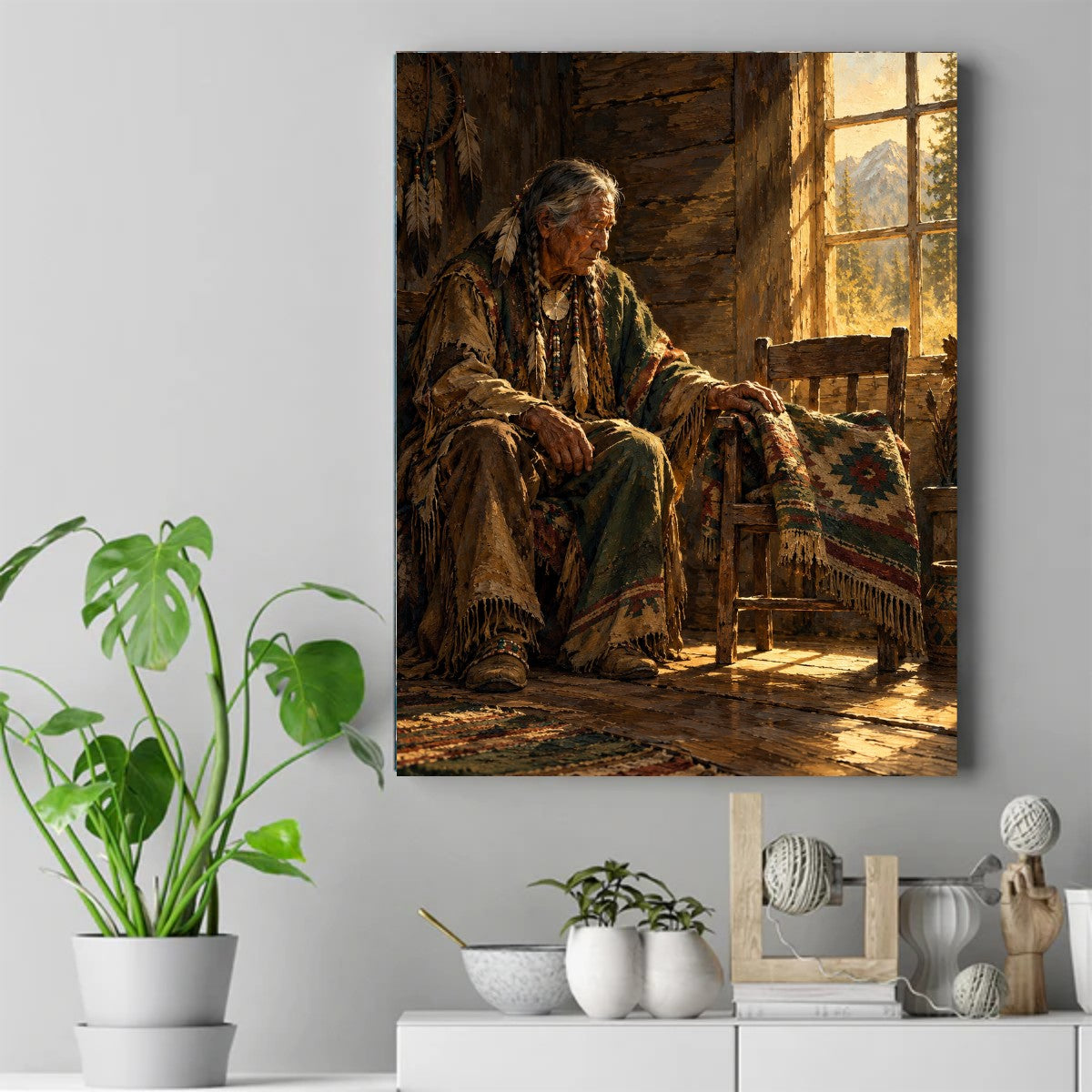 Native American elder seated in a log cabin, hand on a patterned blanket, sunlight through a window with mountains outside. – ảnh 2