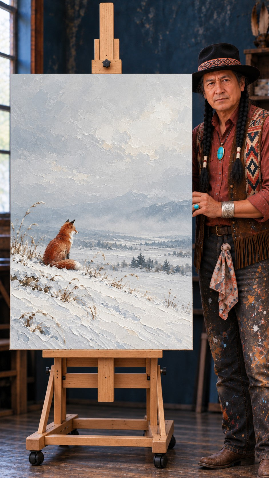 Red fox sitting on a snow-covered slope, looking toward foggy mountains under a soft gray sky.