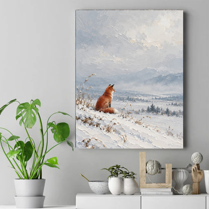 Red fox sitting on a snow-covered slope, looking toward foggy mountains under a soft gray sky. – ảnh 2
