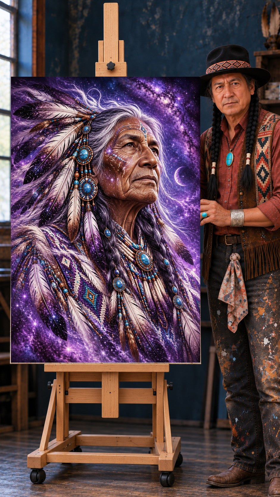 Native elder with gray braids, feathers and turquoise beads looking up under a purple star-filled sky with a crescent moon