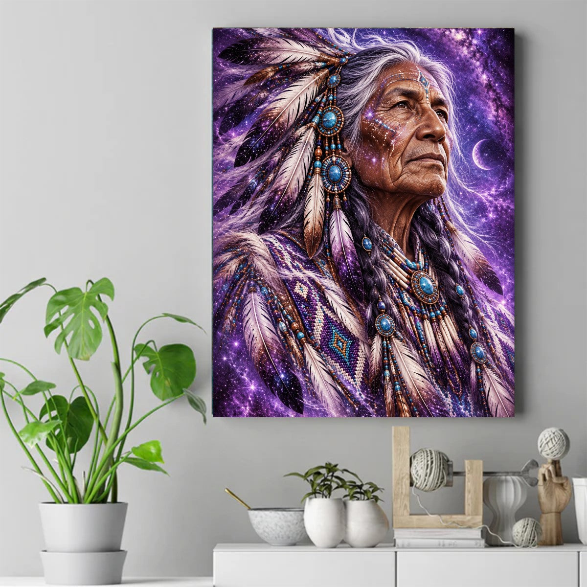 Native elder with gray braids, feathers and turquoise beads looking up under a purple star-filled sky with a crescent moon – ảnh 2