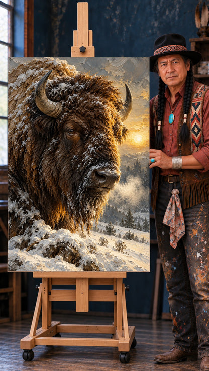 Close-up of a snow-dusted bison with curved horns against a golden winter sunset and snowy pine trees