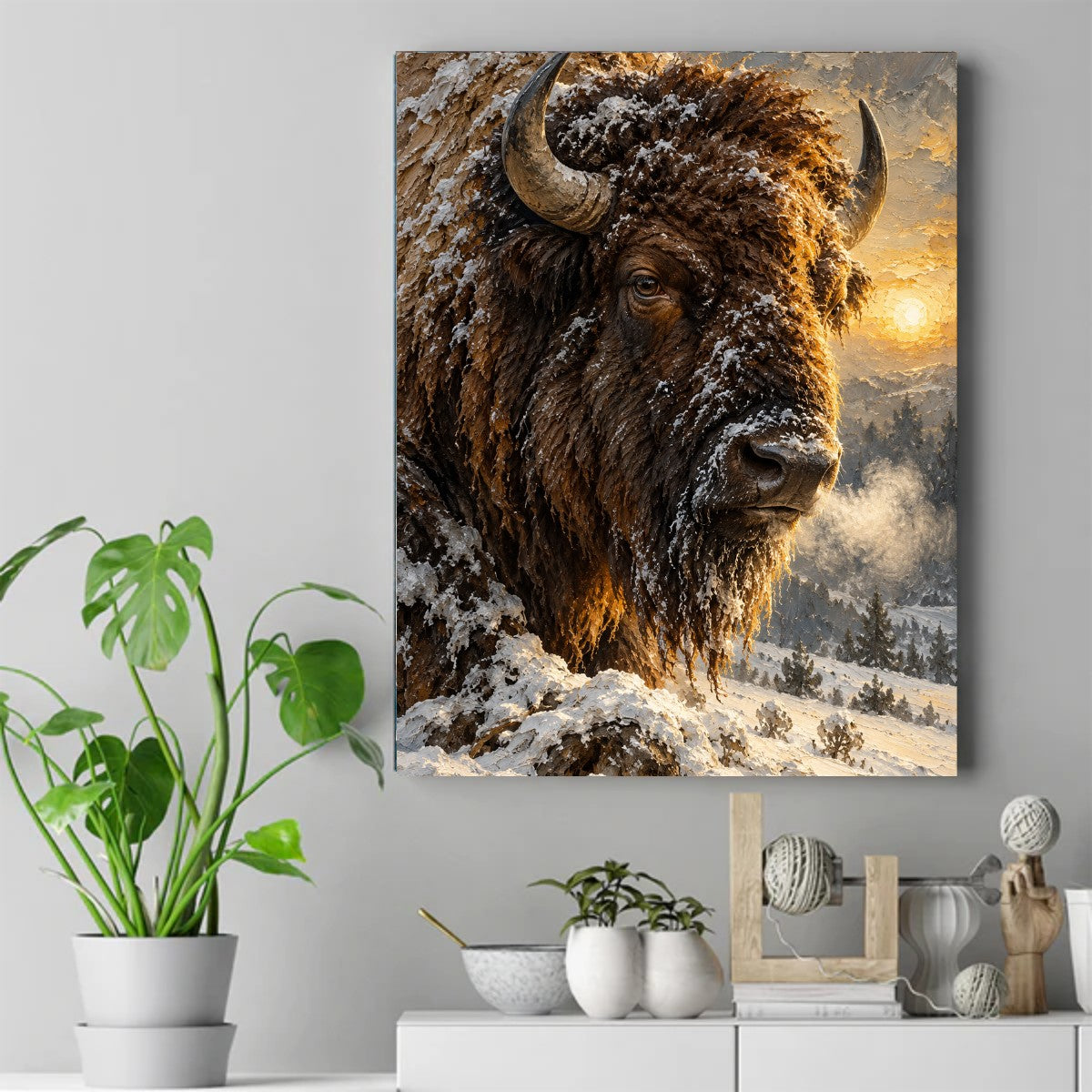 Close-up of a snow-dusted bison with curved horns against a golden winter sunset and snowy pine trees – ảnh 2