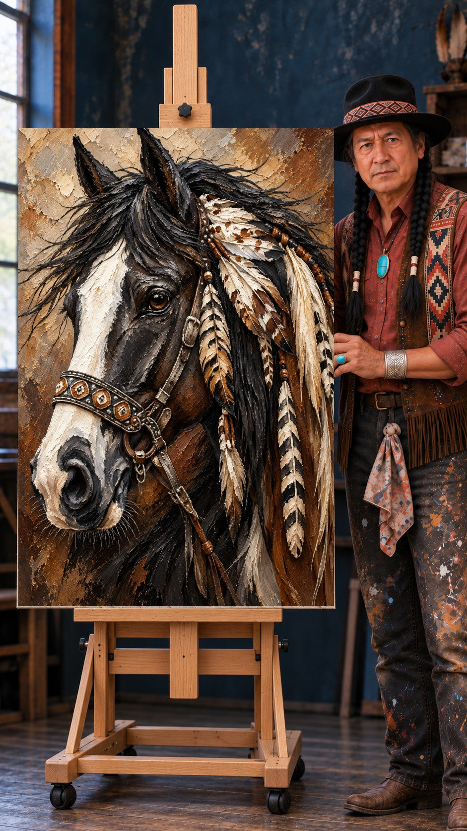 Close-up painted pinto horse with black mane, beaded bridle, and long hanging feathers against an earthy background