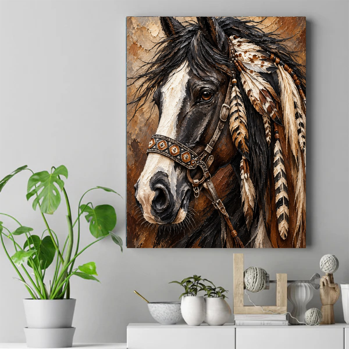 Close-up painted pinto horse with black mane, beaded bridle, and long hanging feathers against an earthy background – ảnh 2
