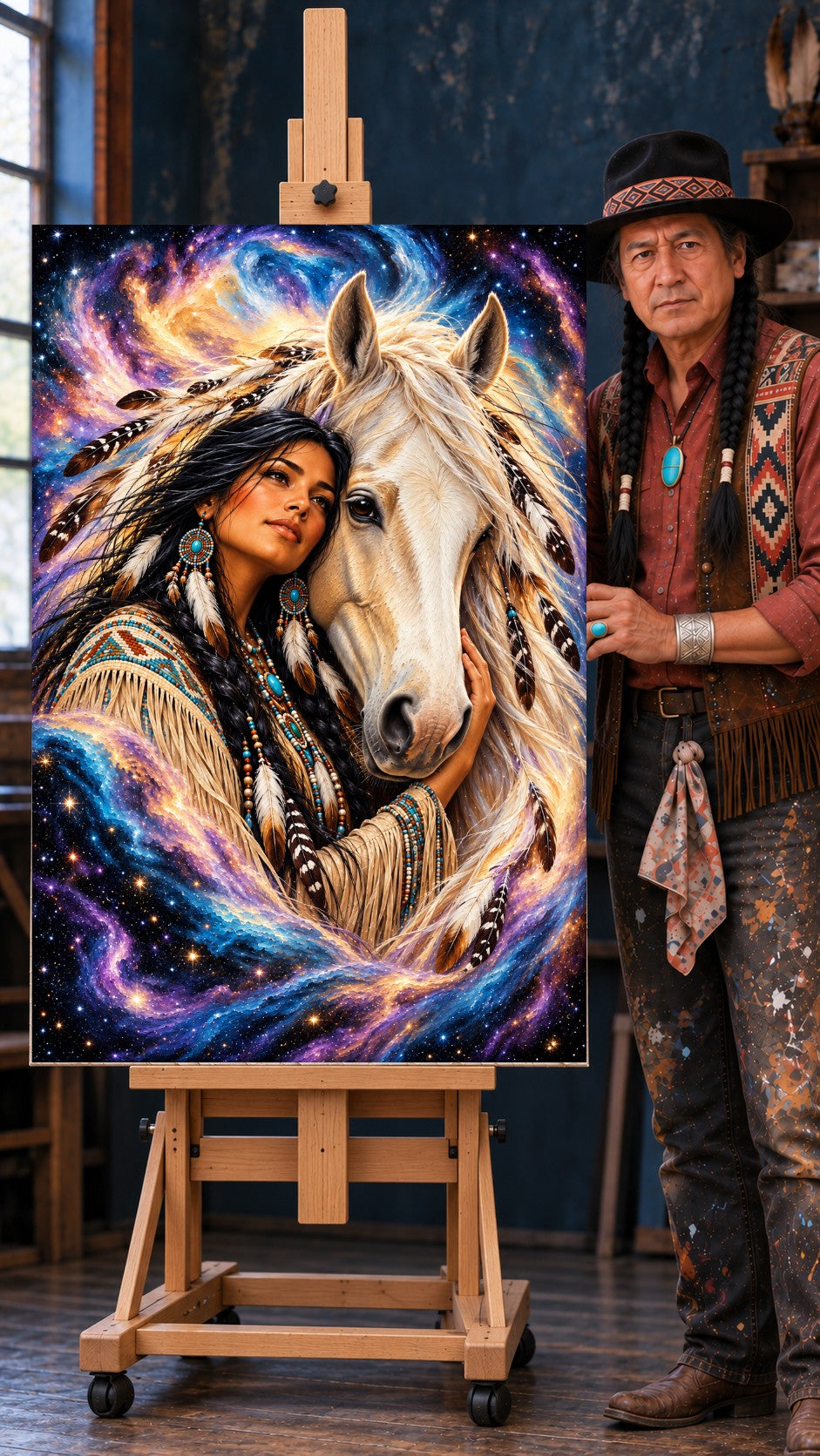 Native woman with beaded earrings and feathers leaning against a white horse, set against a purple and blue starry sky.