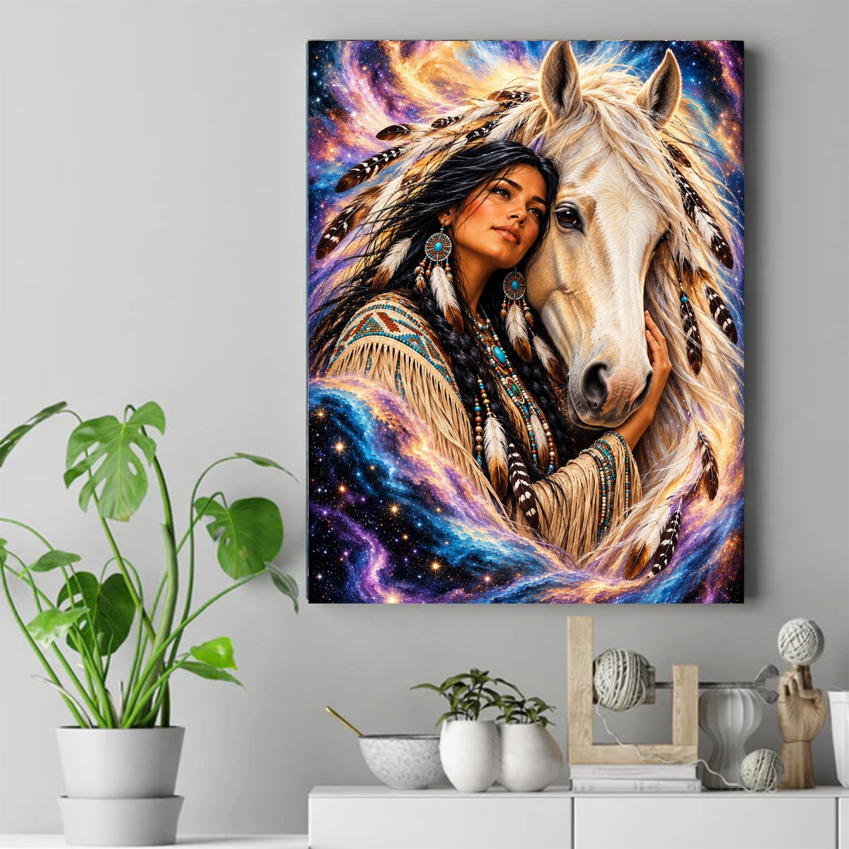 Native woman with beaded earrings and feathers leaning against a white horse, set against a purple and blue starry sky. – ảnh 2