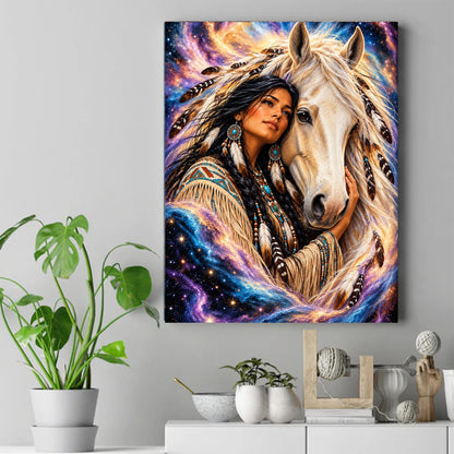 Native woman with beaded earrings and feathers leaning against a white horse, set against a purple and blue starry sky. – ảnh 2