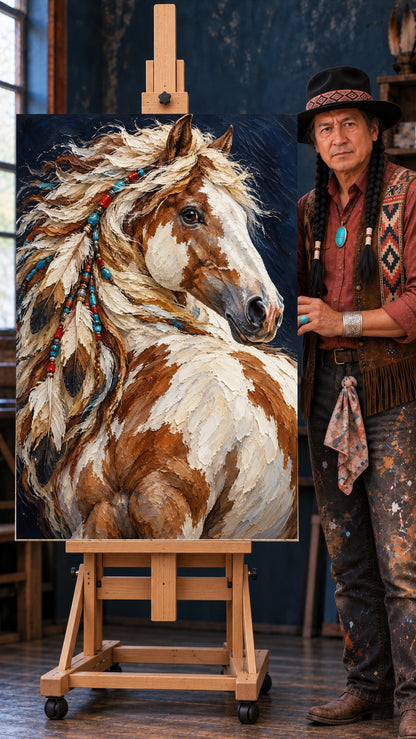 Pinto horse portrait with feathers and turquoise beads in its mane, painted in thick strokes on a dark navy background