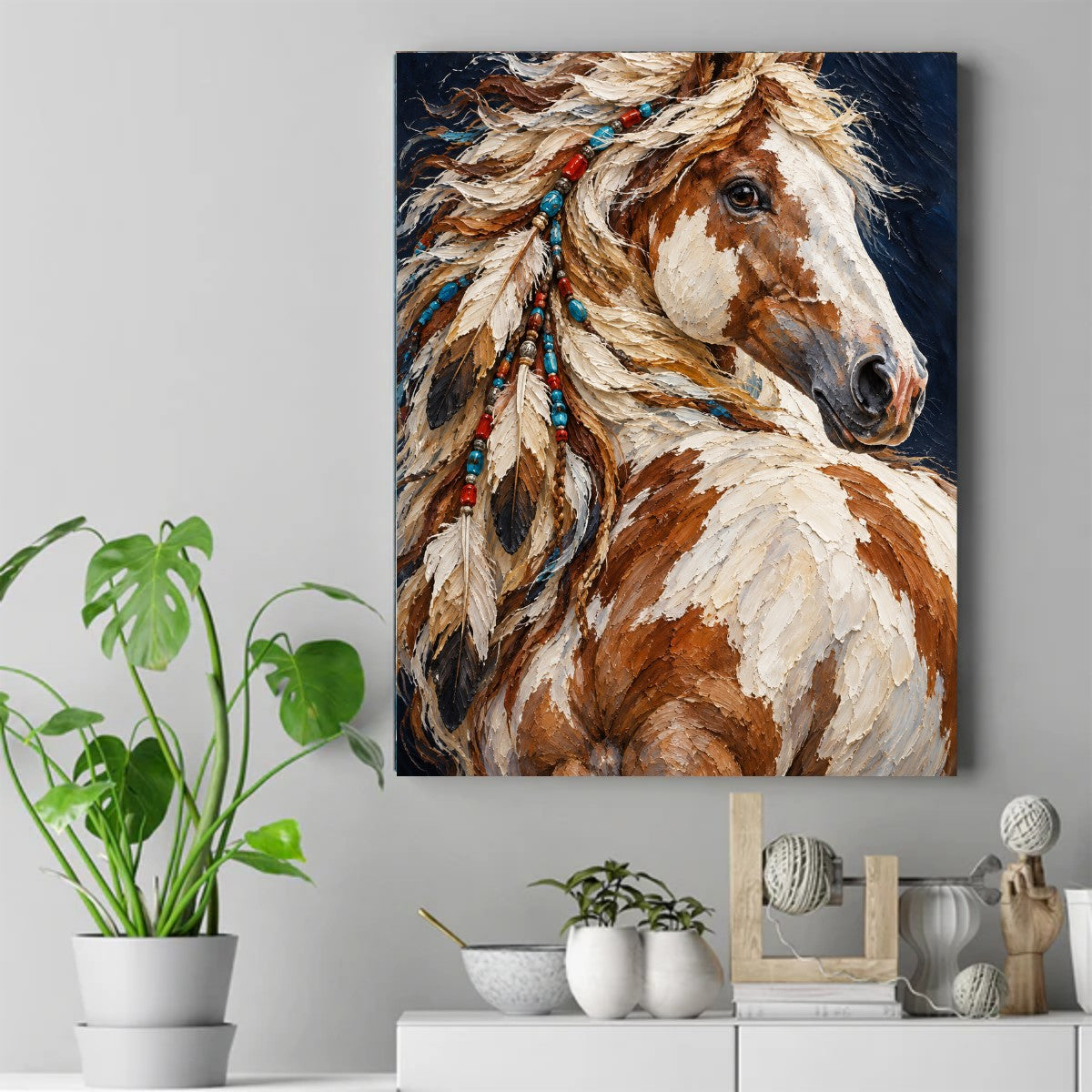 Pinto horse portrait with feathers and turquoise beads in its mane, painted in thick strokes on a dark navy background – ảnh 2