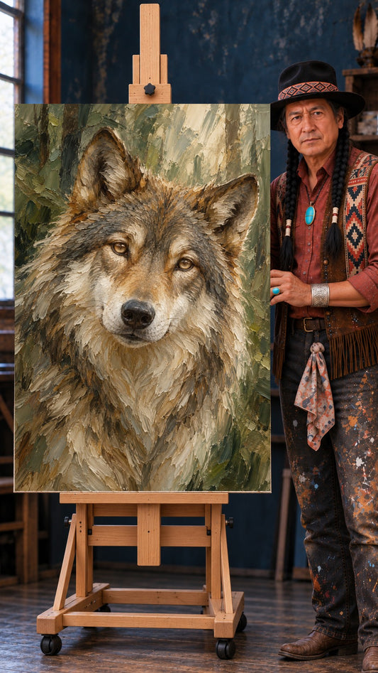 Painted wolf portrait with amber eyes and thick tan and brown brushstrokes against an olive green forest