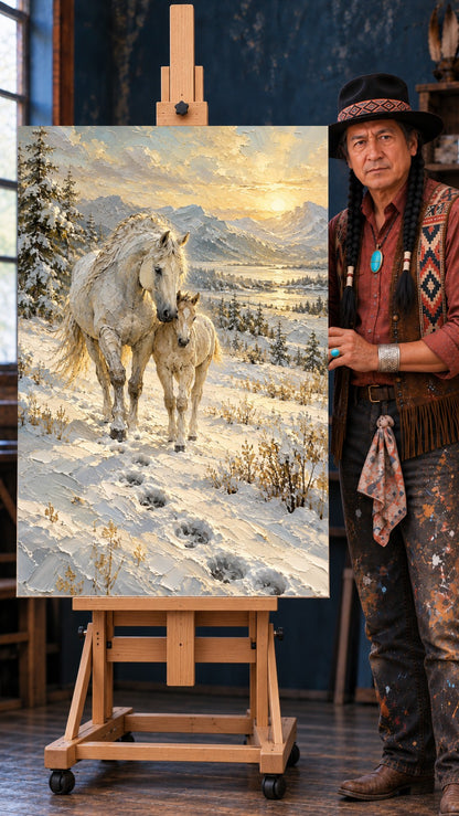 White mare and foal walking through snow with mountains, pine trees, and golden sunrise in the background