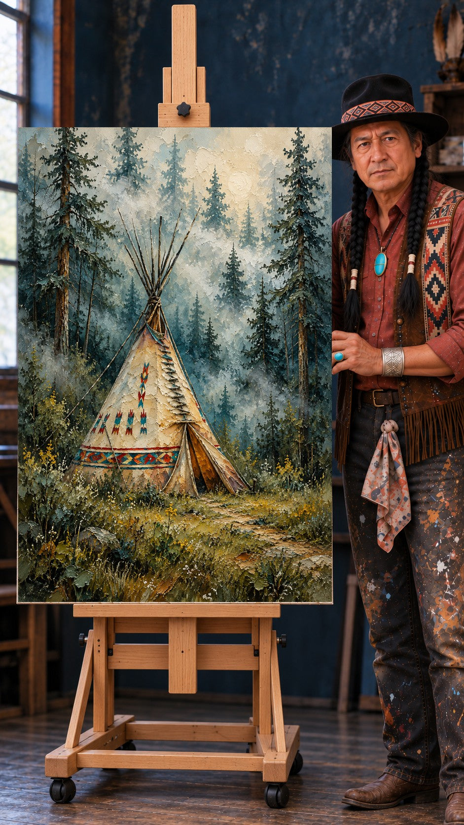 Tipi with red and turquoise beadwork in a misty pine forest with a winding path and soft sun.