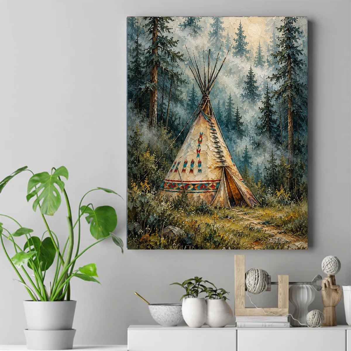 Tipi with red and turquoise beadwork in a misty pine forest with a winding path and soft sun. – ảnh 2