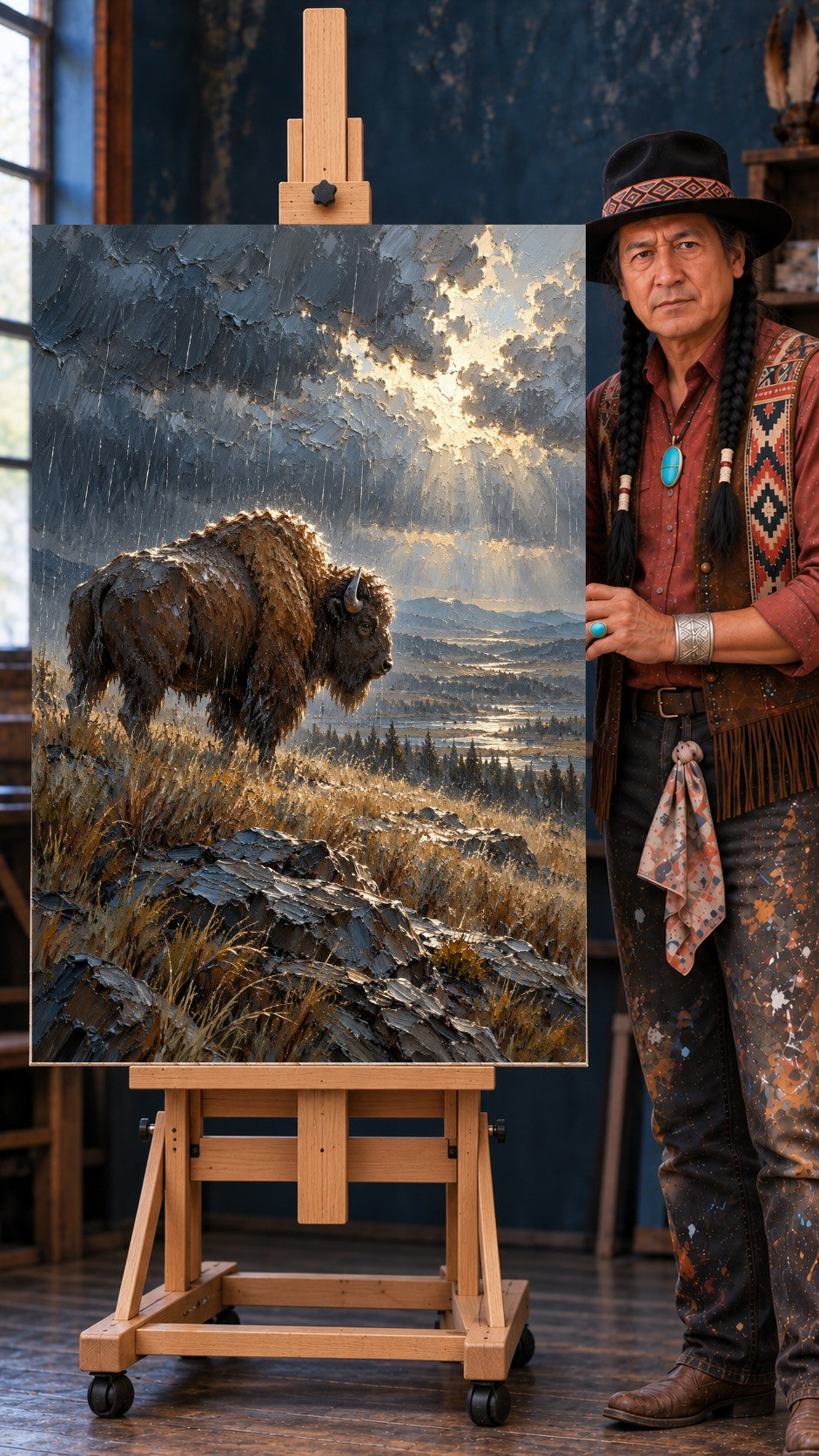 A shaggy bison stands in the rain on a rocky grassy hill as sunbeams break through dark storm clouds over a distant valley.