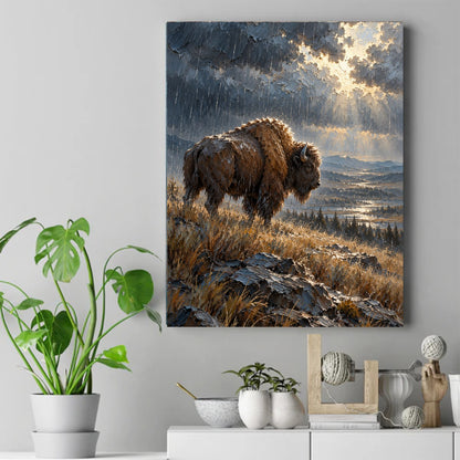 A shaggy bison stands in the rain on a rocky grassy hill as sunbeams break through dark storm clouds over a distant valley. – ảnh 2