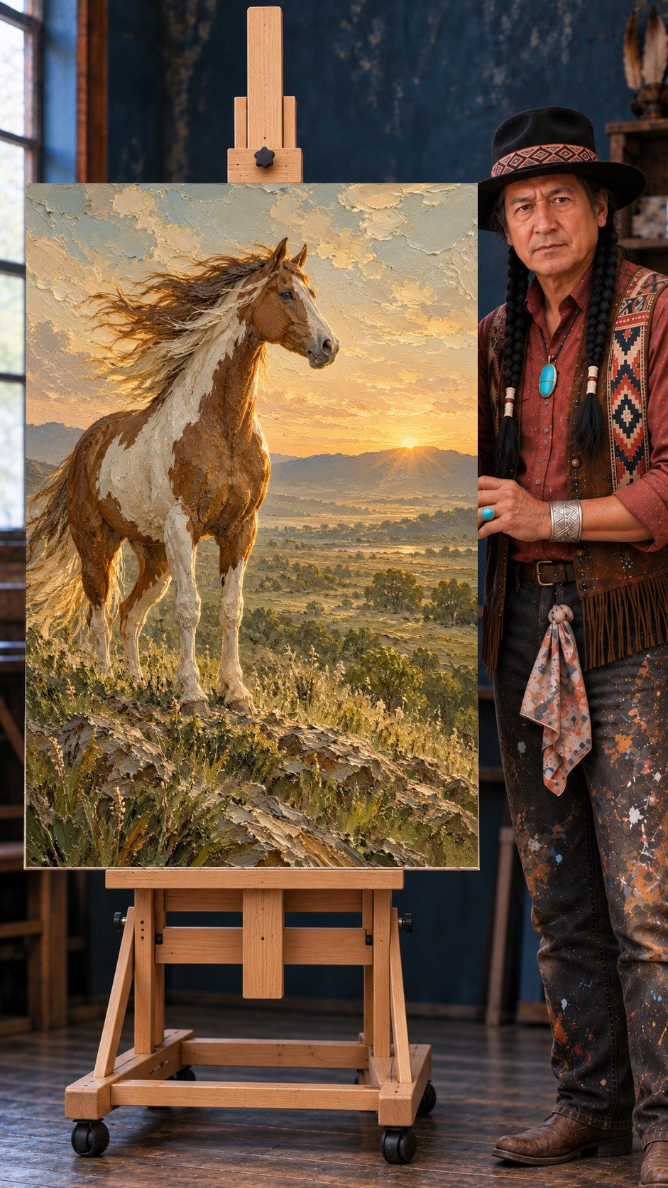 Pinto horse with flowing mane standing on a rocky grassy hill at sunset, with mountains and golden sky behind.