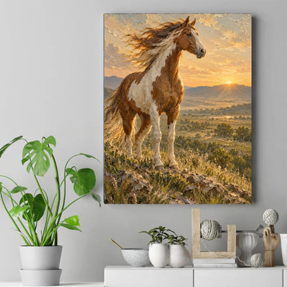 Pinto horse with flowing mane standing on a rocky grassy hill at sunset, with mountains and golden sky behind. – ảnh 2