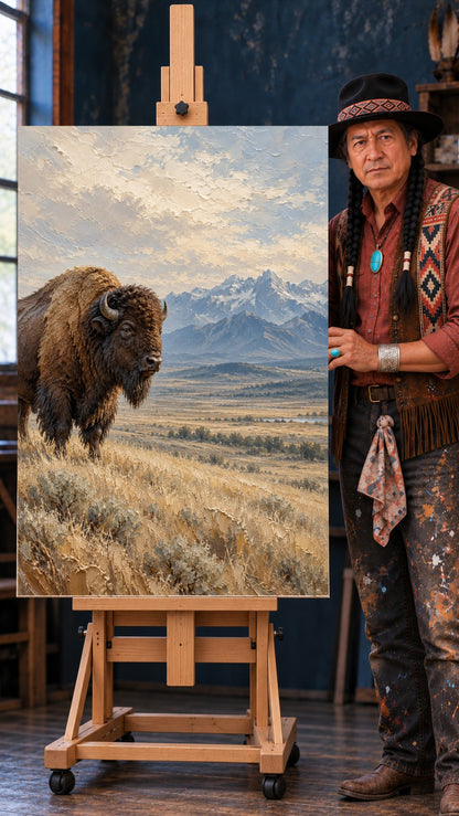 Textured painting of a lone brown bison in golden prairie grass with snowy mountains and a pale sky behind it.