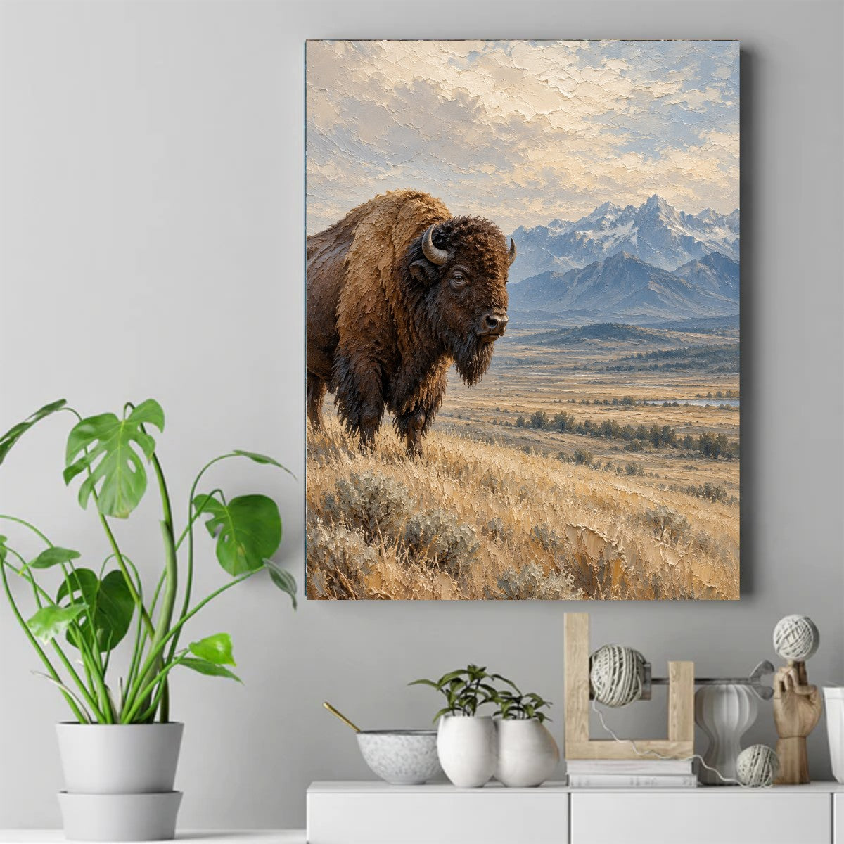 Textured painting of a lone brown bison in golden prairie grass with snowy mountains and a pale sky behind it. – ảnh 2