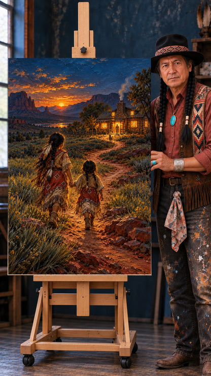Native woman and child holding hands on a path toward a lit log cabin at sunset, with red mesas and a dog.