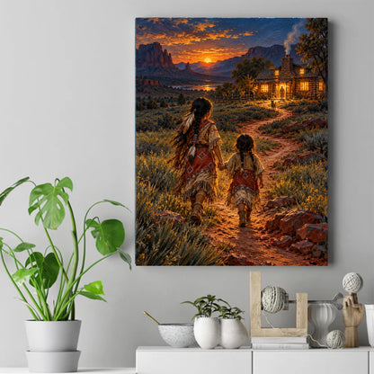Native woman and child holding hands on a path toward a lit log cabin at sunset, with red mesas and a dog. – ảnh 2