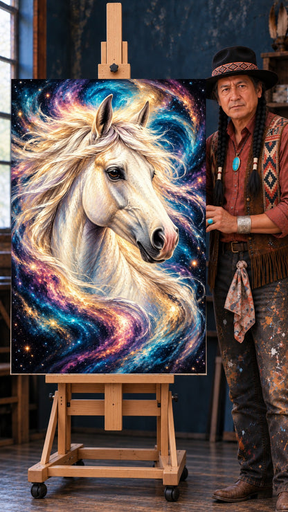 White horse with a flowing mane blending into a swirling blue, purple and gold starry galaxy