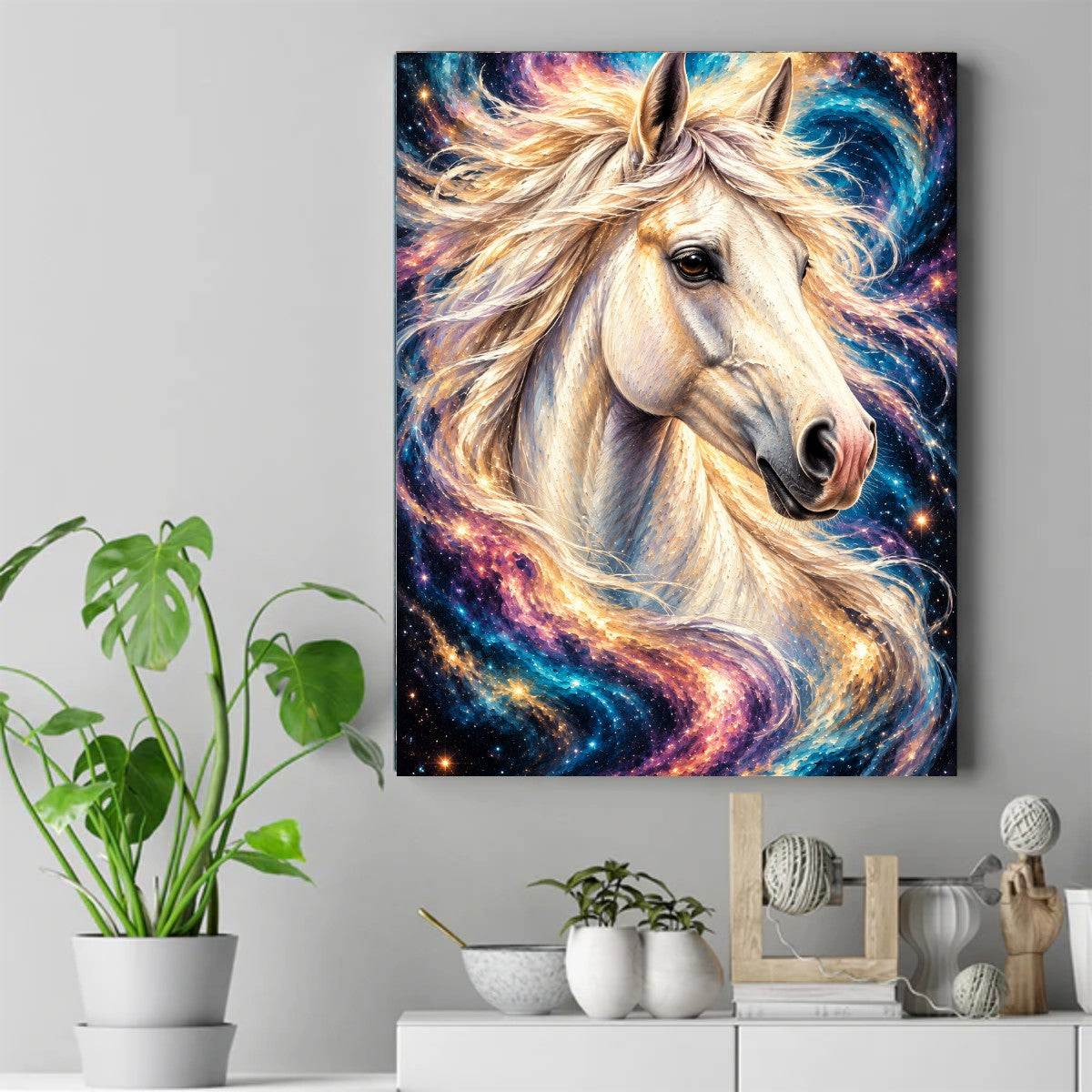 White horse with a flowing mane blending into a swirling blue, purple and gold starry galaxy – ảnh 2