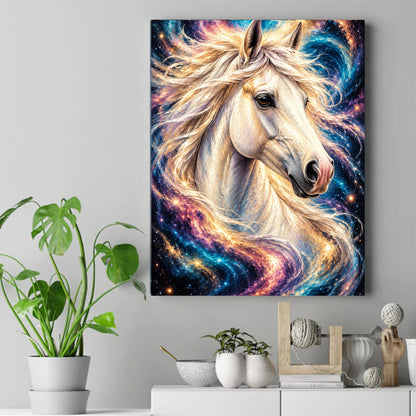 White horse with a flowing mane blending into a swirling blue, purple and gold starry galaxy – ảnh 2