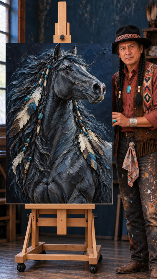 Dark horse portrait with braided mane, cream feathers, and blue beads on a navy background