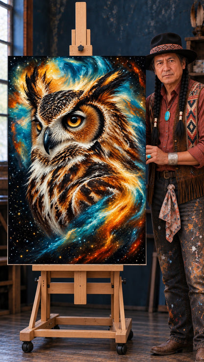 Owl portrait with golden eyes and brown feathers against a swirling blue, orange and teal starry nebula sky