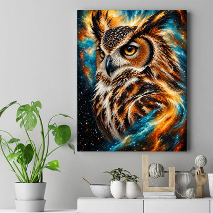Owl portrait with golden eyes and brown feathers against a swirling blue, orange and teal starry nebula sky – ảnh 2