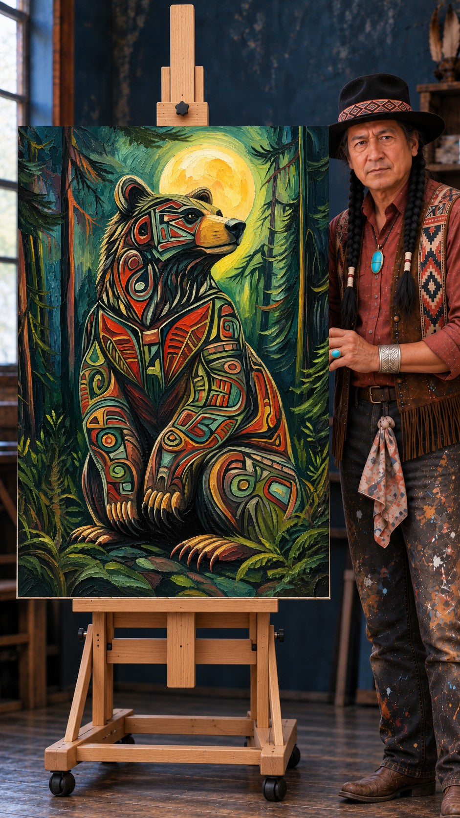 Stylized bear with red, teal, and black patterns sitting in a dark forest under a large yellow moon.