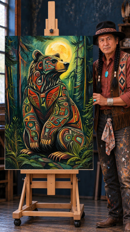 Stylized bear with red, teal, and black patterns sitting in a dark forest under a large yellow moon.