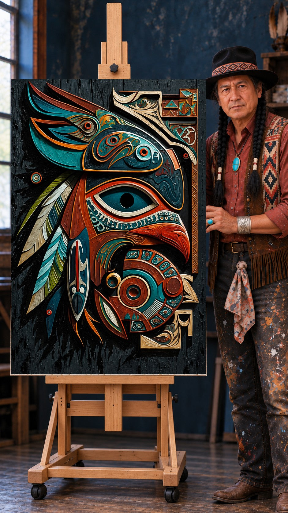 Pacific Northwest Native style eagle mask design in teal and rust red with long striped feathers on a dark background