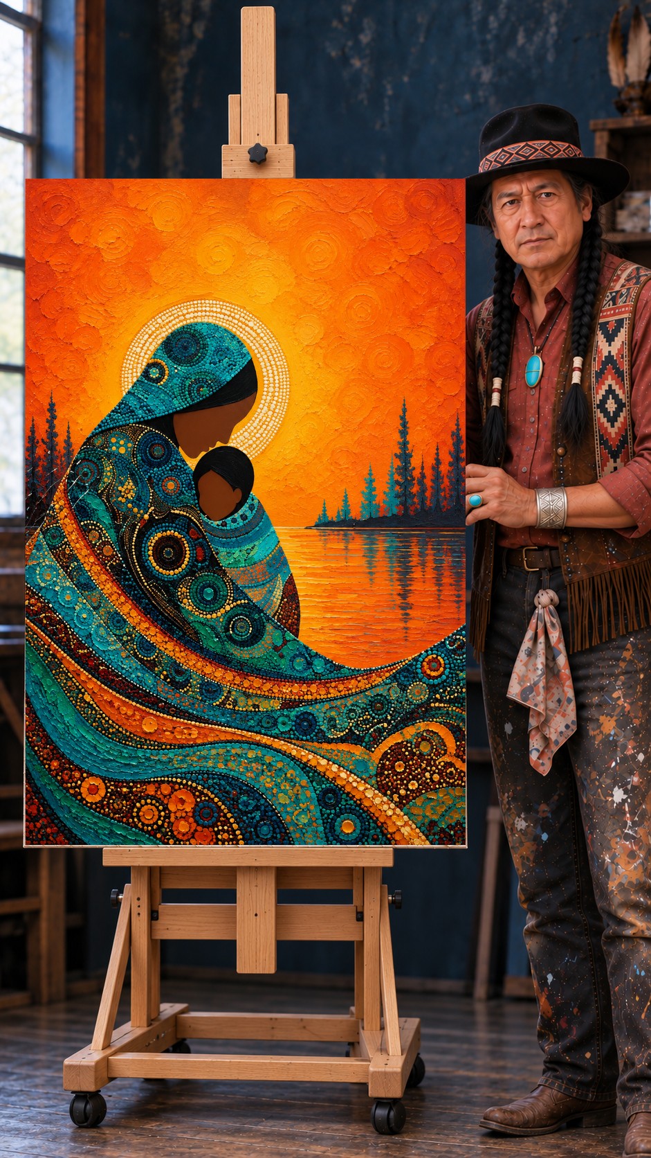 Native mother holding her child in a turquoise patterned blanket against an orange sunset, pine trees and water reflection.