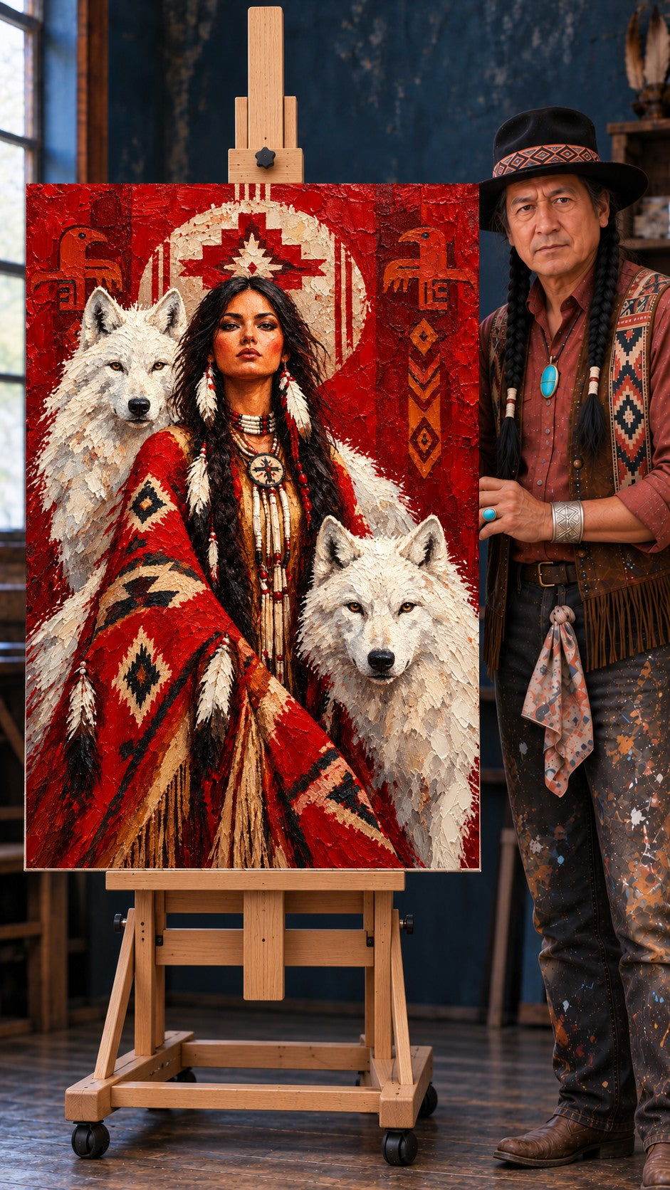 Native woman with braids and feather earrings wrapped in a red blanket between two white wolves, red background
