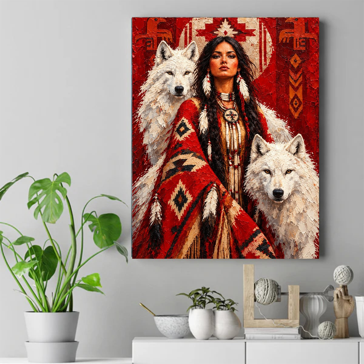 Native woman with braids and feather earrings wrapped in a red blanket between two white wolves, red background – ảnh 2