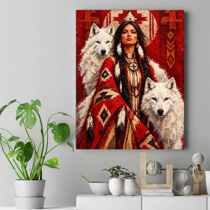 Native woman with braids and feather earrings wrapped in a red blanket between two white wolves, red background – ảnh 2