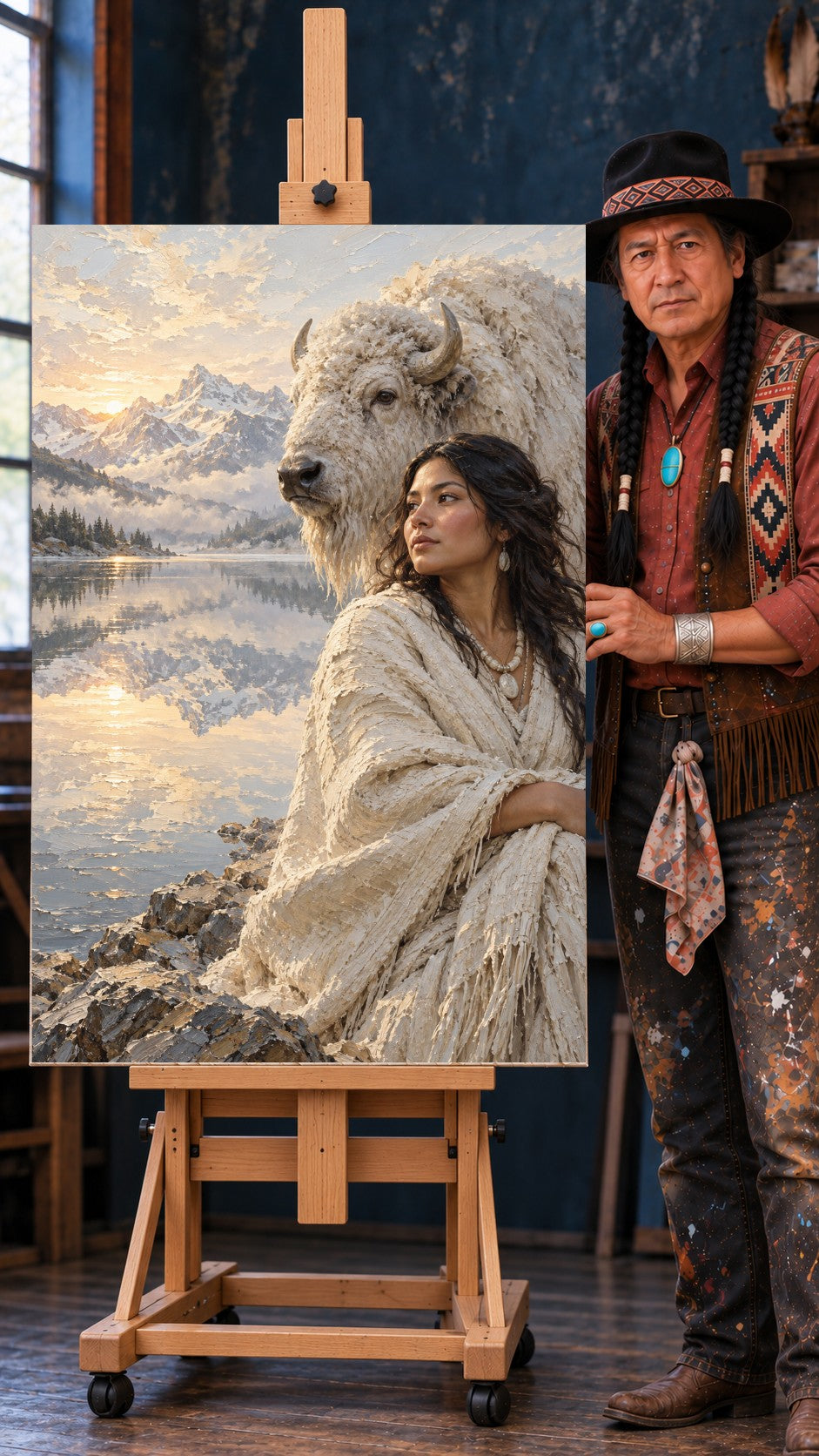 Native woman in cream fringed shawl beside a white bison, looking over a still lake reflecting snowy peaks