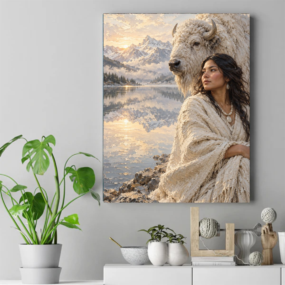 Native woman in cream fringed shawl beside a white bison, looking over a still lake reflecting snowy peaks – ảnh 2
