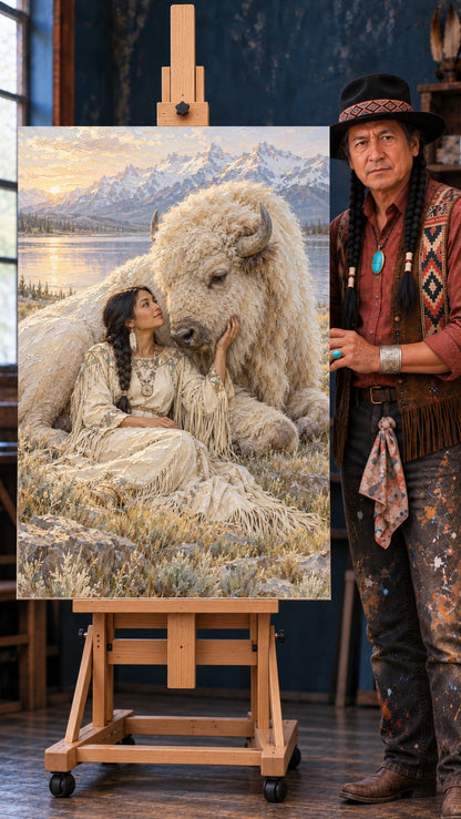 Native woman in beaded dress resting her hand on a white bison's cheek beside a sunset lake and mountains