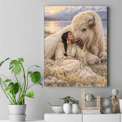 Native woman in beaded dress resting her hand on a white bison's cheek beside a sunset lake and mountains – ảnh 2