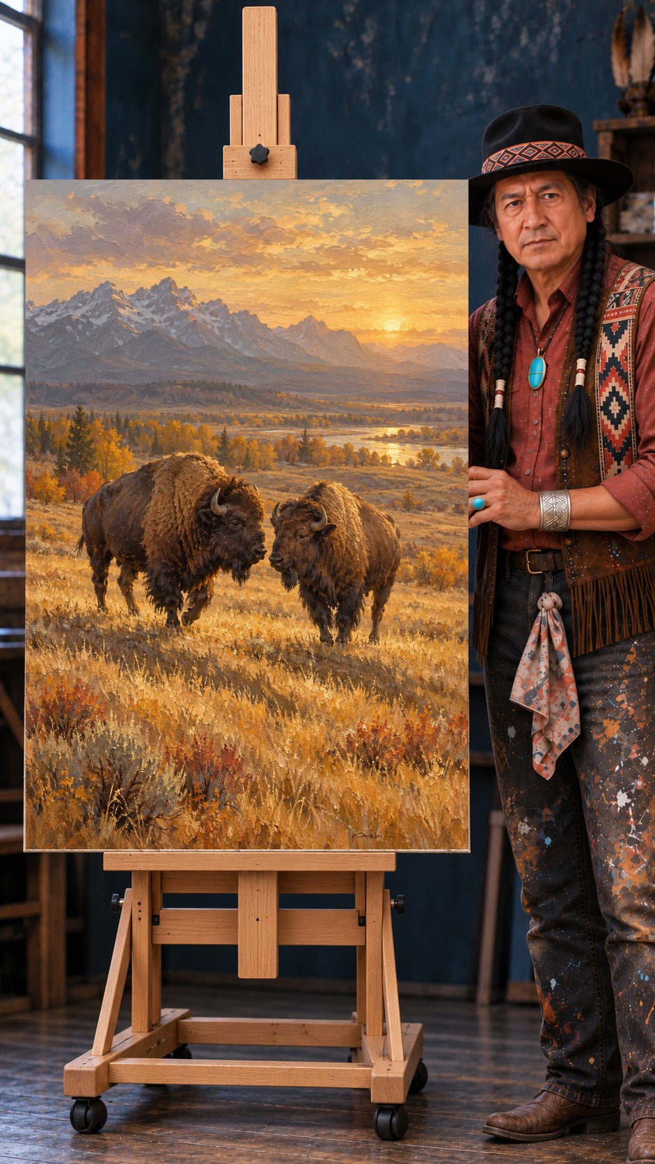Two bison facing each other in golden autumn grass with mountains and sunset behind them