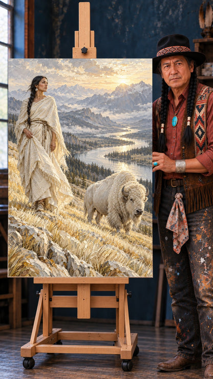 Native woman in white fringed dress standing beside a white bison on a grassy hill, river and mountains in background.