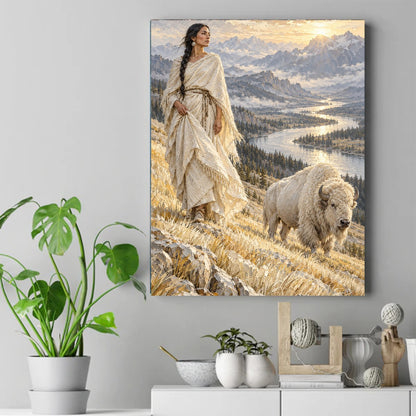 Native woman in white fringed dress standing beside a white bison on a grassy hill, river and mountains in background. – ảnh 2