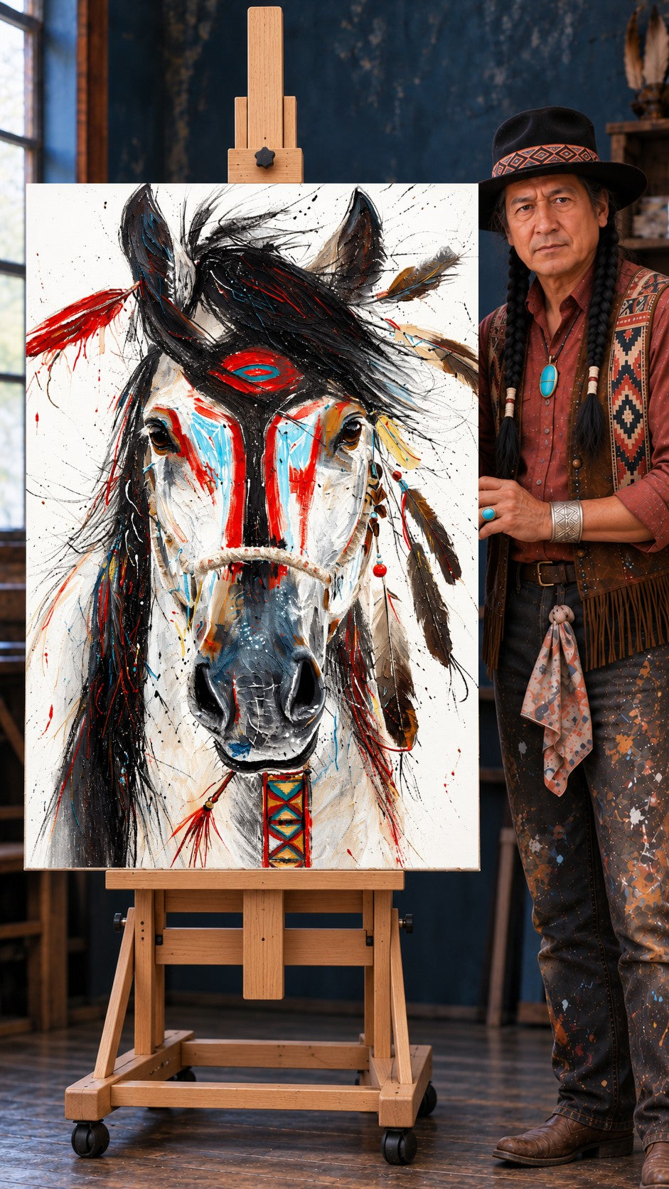 Close-up painted horse head with red and blue face paint, feathers, and beaded strap.