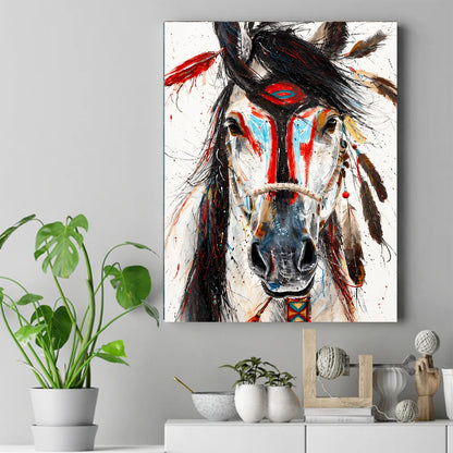 Close-up painted horse head with red and blue face paint, feathers, and beaded strap. – ảnh 2