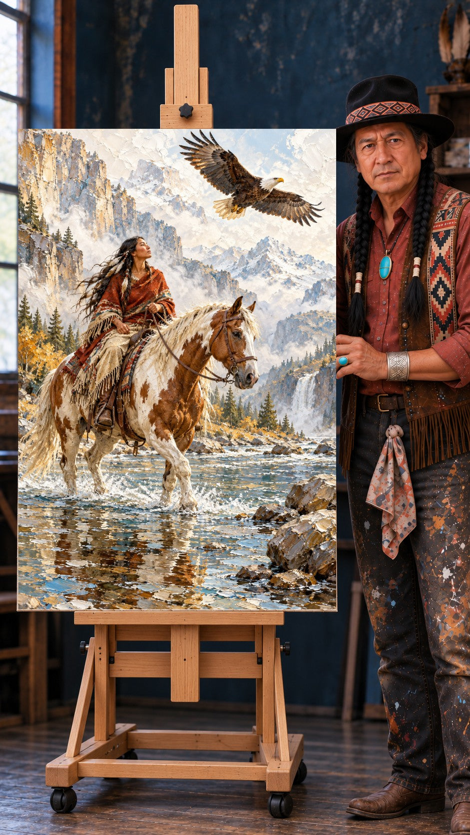 Native woman in a red blanket on a paint horse in a river, looking up at a bald eagle, snowy mountains behind