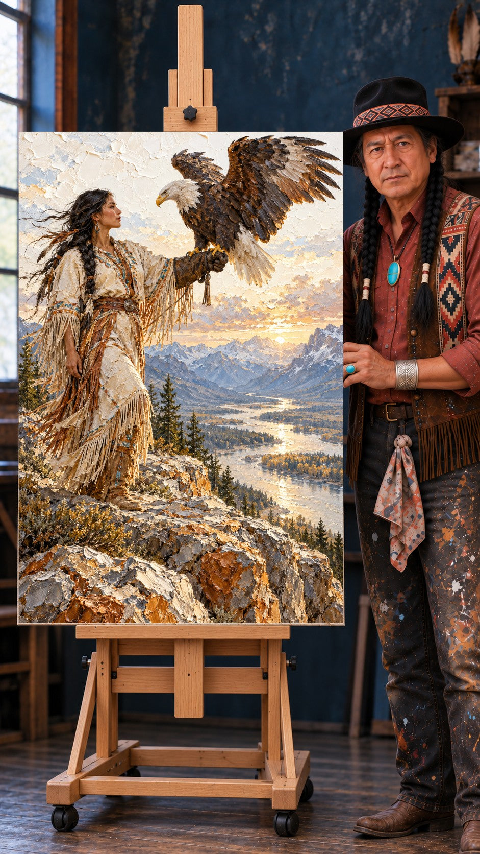 Native woman in fringed dress holding a bald eagle on her gloved hand above a river valley and snowy mountains at sunset